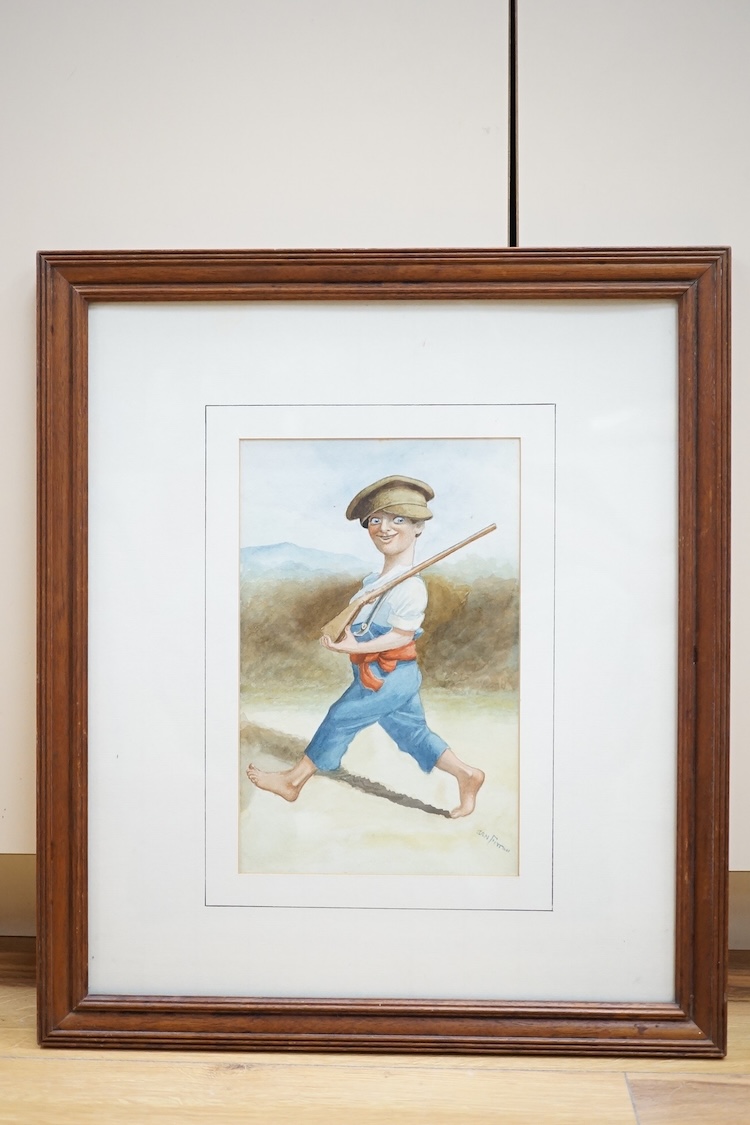 Sam Fitton (1868–1923), original WWI watercolour cartoon, 'Just like Dad', signed, 26 x 17cm. Condition - fair
